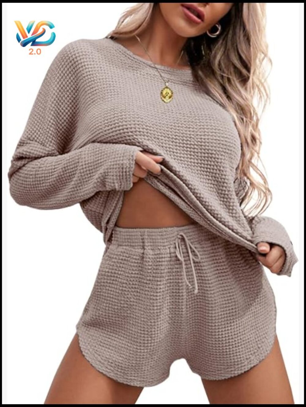 Waffle Knit Pajama Set Long Sleeve Top and Shorts Lounge Set with Pockets